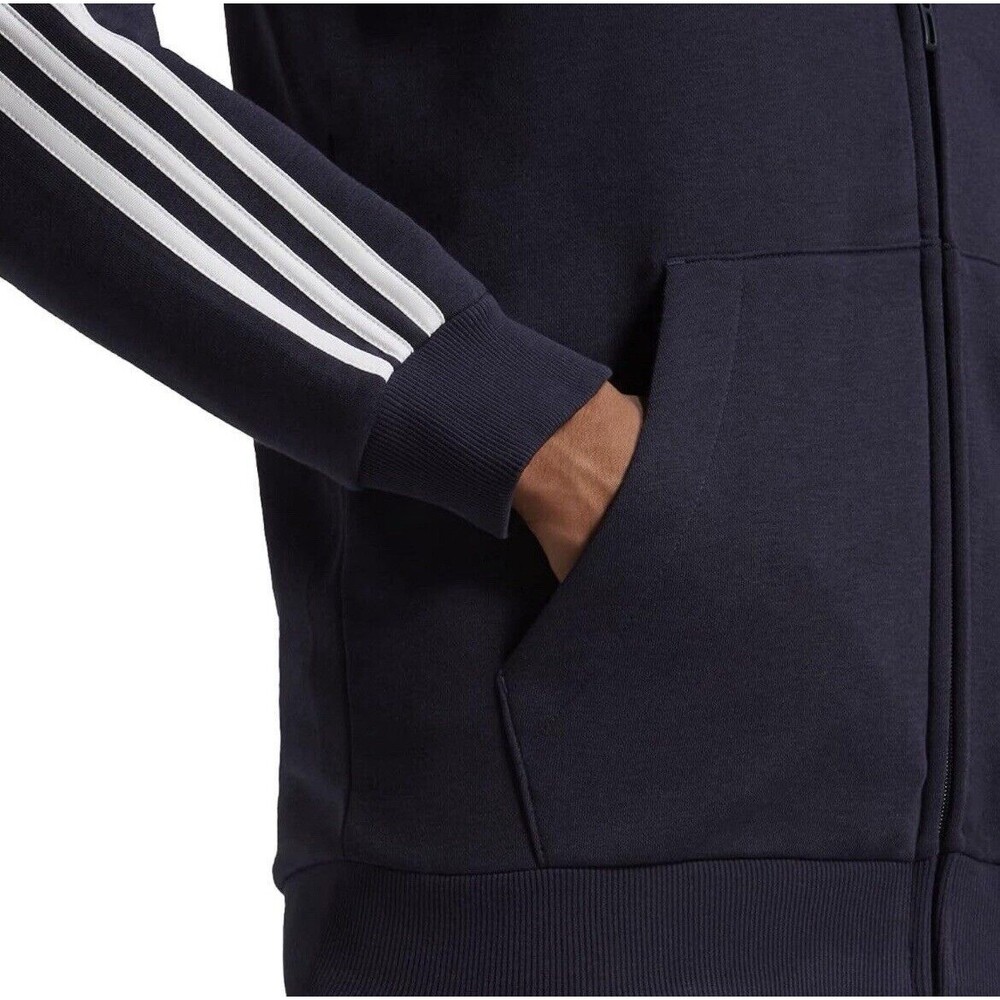 adidas Essentials Fleece 3-Stripes Full-Zip Hoodie Fleece Medium Legend Ink NEW - Picture 3 of 6
